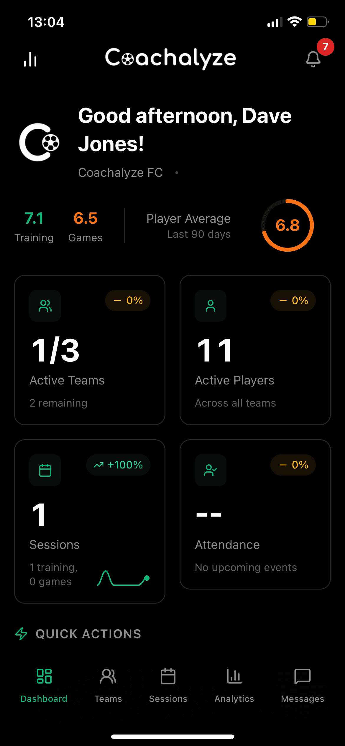 Coachalyze mobile app dashboard