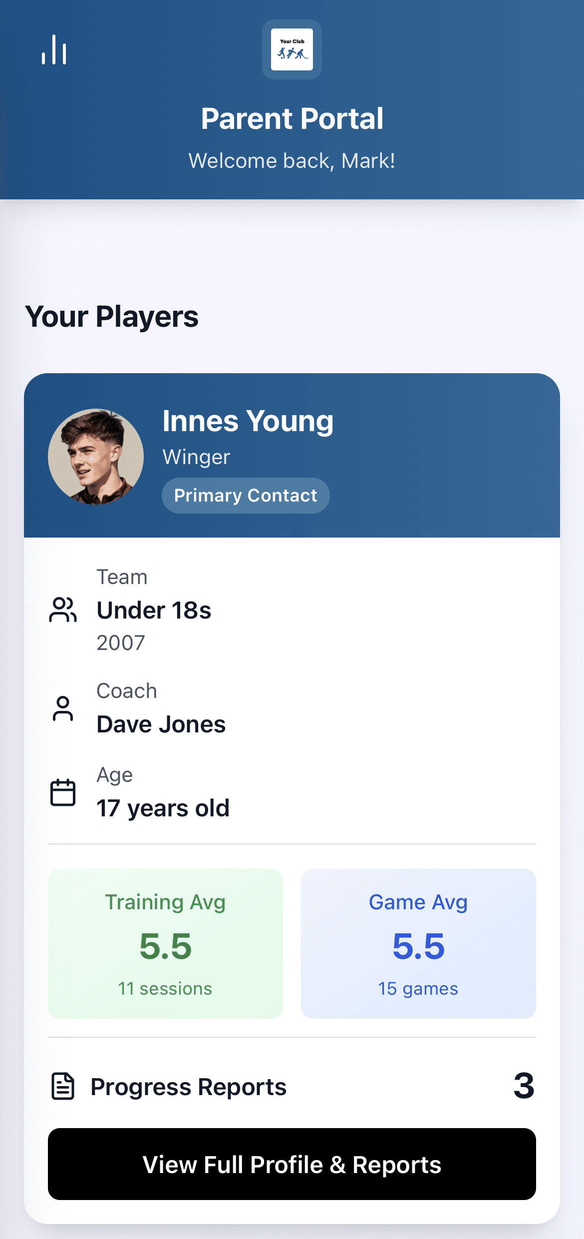 Parent portal showing child's performance progress and ratings